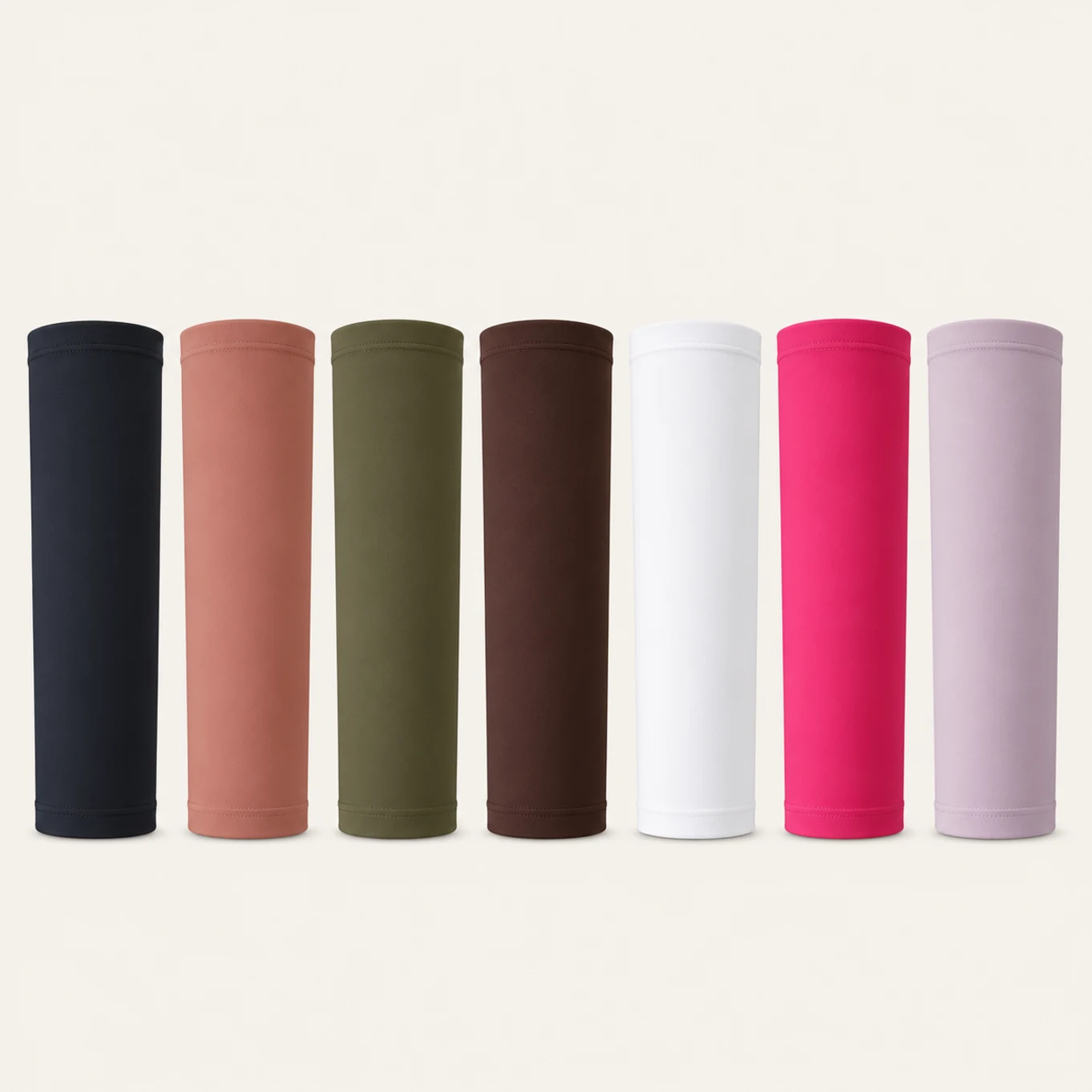 All seven Essential PICC line cover colors: Black, Nude, Olive, Cappuccino, White, Dark Magenta, and Plush